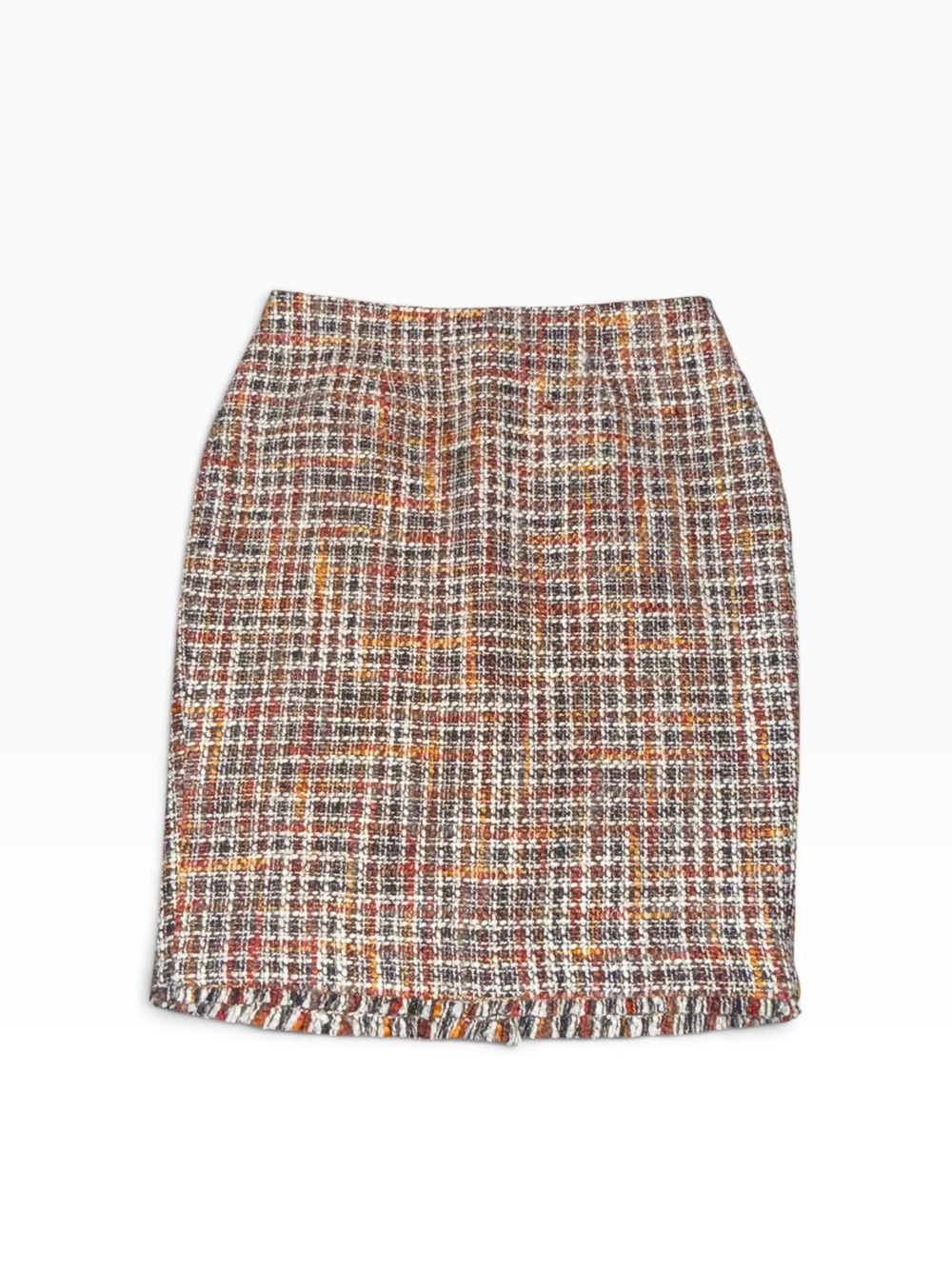 Calvin Klein Multi-color Plaid Tweed Pencil Skirt with Fringe Hem Size 8